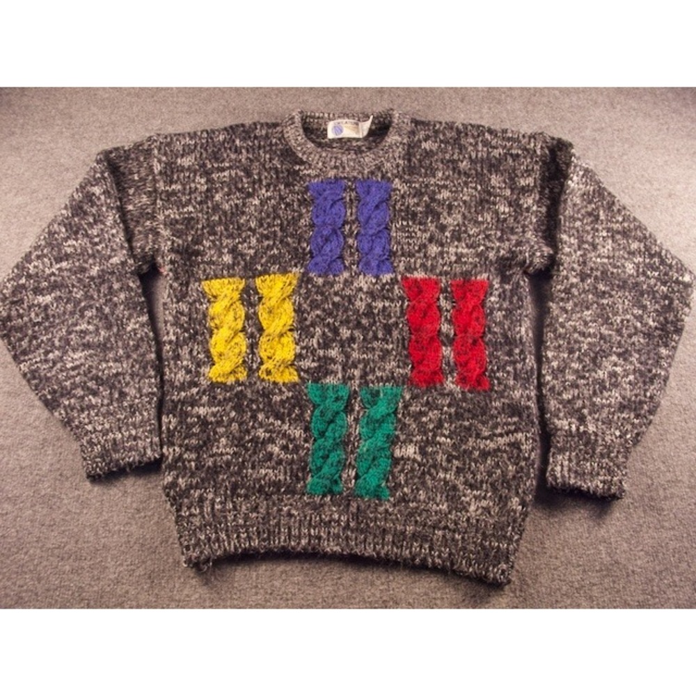 Mens Vintage Gray‎ Marled Sweaters Knit Colorful Rope Crew Neck Size L #1919